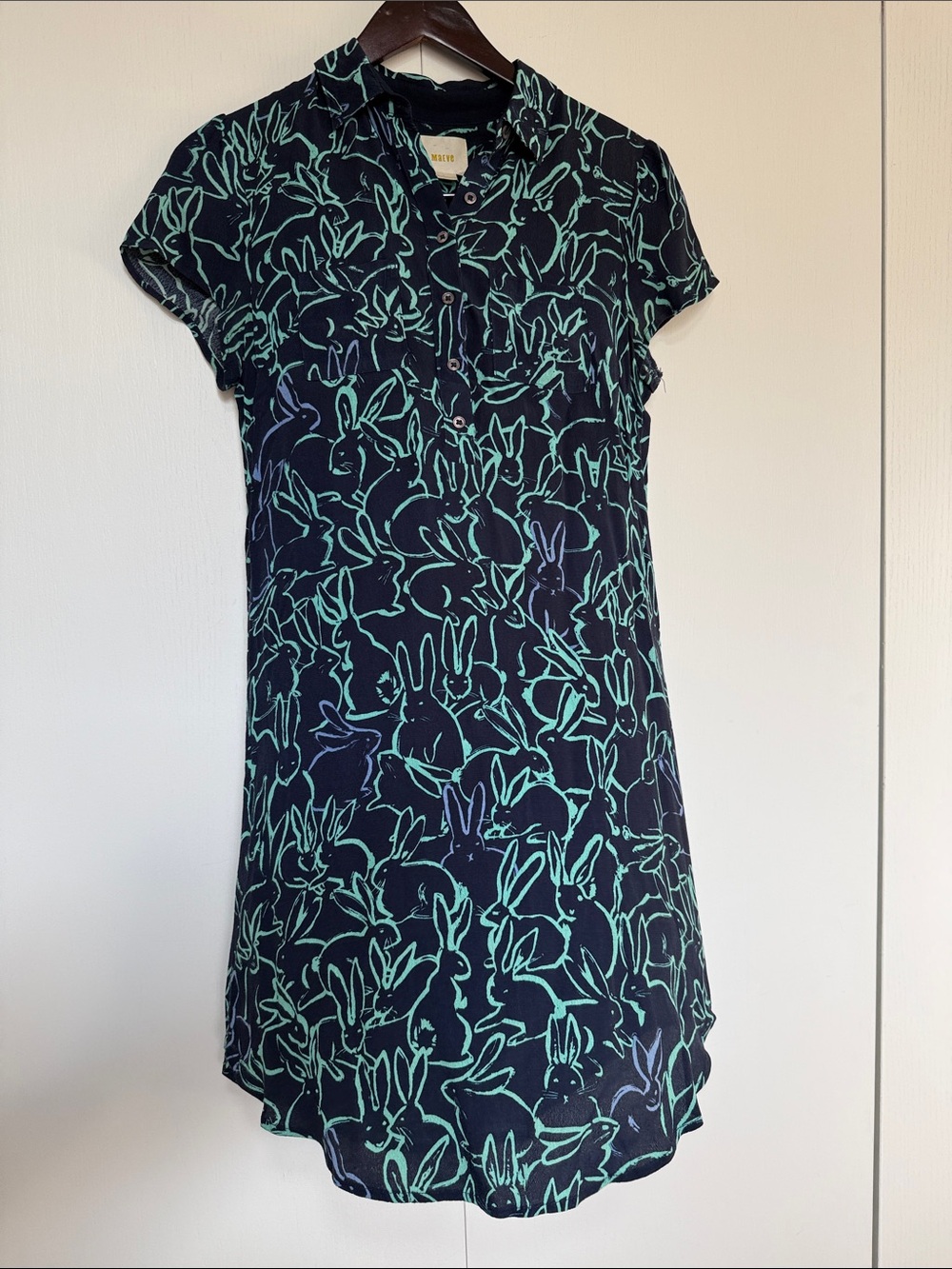 Maeve Navy Mini Dress with Teal Bunny Outline Print